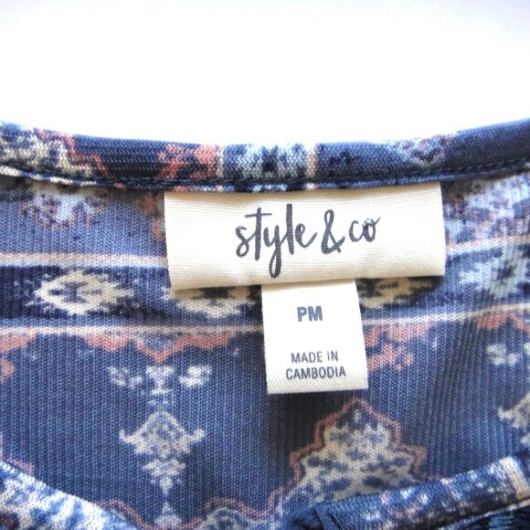 Style & Co Peasant Top  PM 3/4 Sleeve Tassel Tie Blue Coral Shirt Boho Blouse - Picture 6 of 9